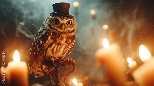 A captivating image of an owl dressed in a top hat surrounded by flickering candles, blending whimsy, charm, and an otherworldly aura that sparks curiosity and imagination in viewers.
