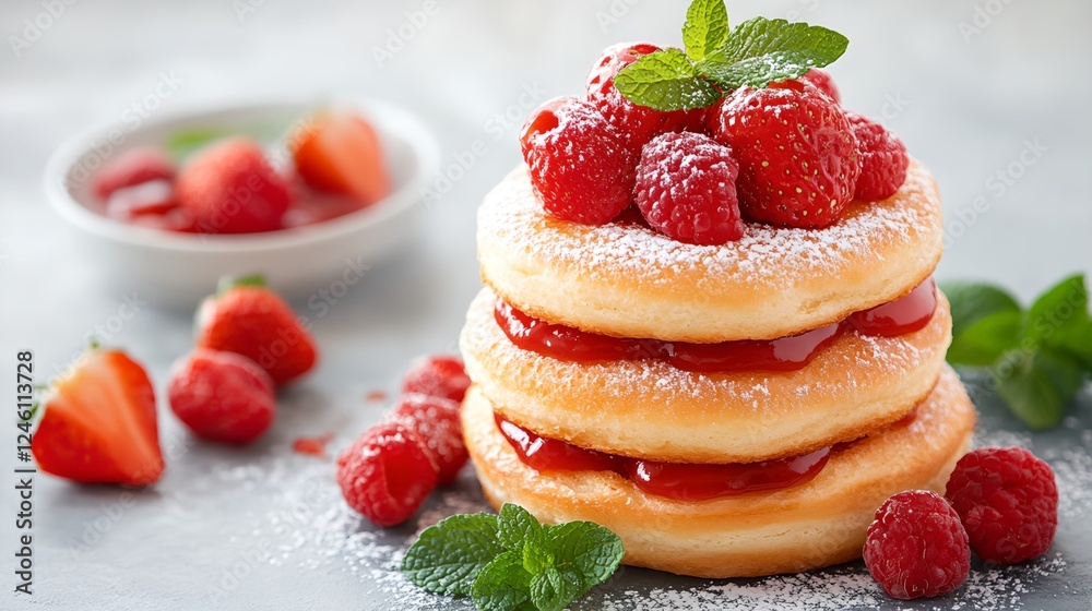 Stack of pancakes with strawberries and raspberries on top Stack of pancakes with strawberries and raspberries on top