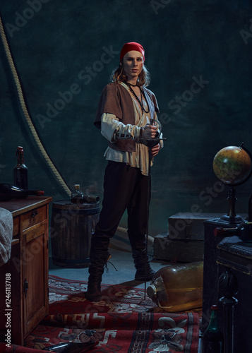 Portrait of young confidence man dressed like medieval pirate with red bandana standing with rapier against dark vintage background. Concept of bravery and rebellion, history, exploration photo