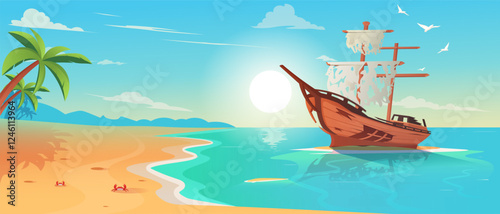 A shipwrecked pirate vessel near a sandy beach with palm trees, crabs, and seagulls under a sunset sky. Tropical adventure concept. Vector illustration