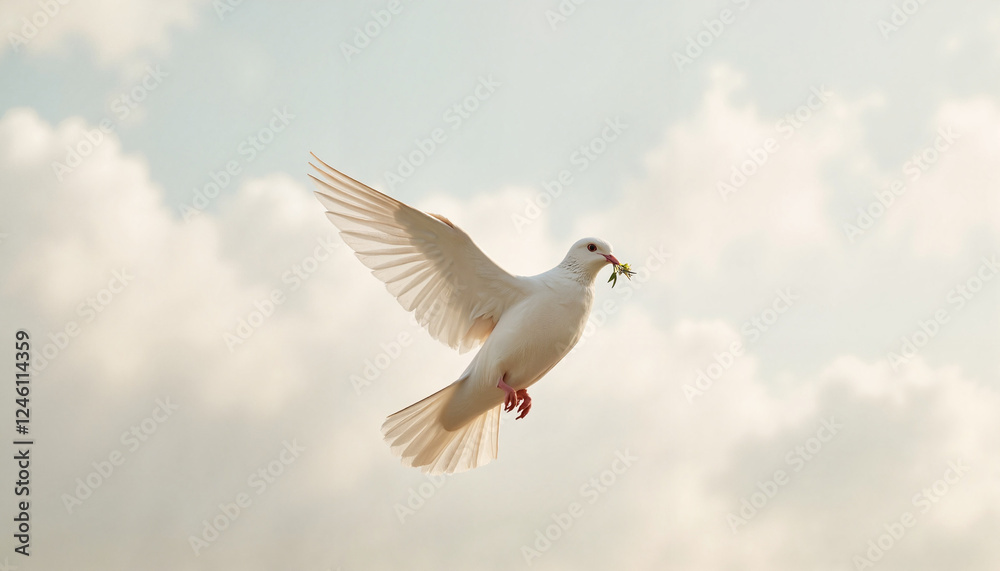 Obraz premium White dove flying with a green twig against a cloudy sky