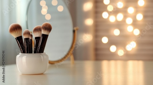A refined arrangement of professional makeup brushes elegantly positioned in a sleek holder, accompanied by a soft focus mirror, highlighting beauty and artistry in makeup application.