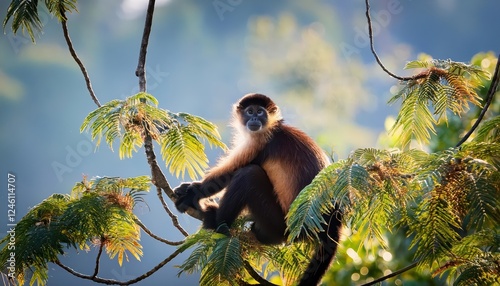 Lively WhiteBellied Spider Monkey Amid the Ancient Ruins of Tikal National Park, Guatemala A Mesmerizing Portrait of Wildlife and Culture in South America photo