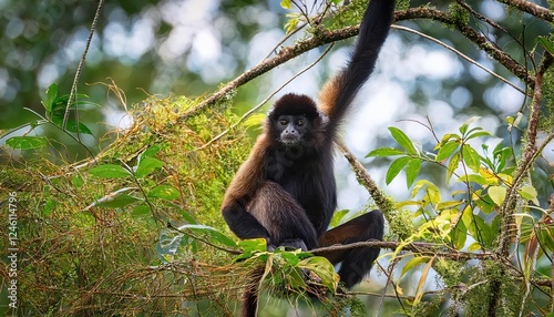 Vibrant and Inquisitive WhiteBellied Spider Monkey Encountered in the Ancient Jungle of Tikal National Park, Guatemala photo