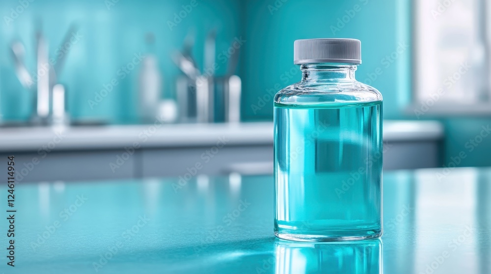 A clear glass bottle filled with a blue liquid sits on a kitchen counter against a serene backdrop, suggesting purity, freshness, and a modern lifestyle choice. A clear glass bottle filled with a blue liquid sits on a kitchen counter against a serene backdrop, suggesting purity, freshness, and a modern lifestyle choice.