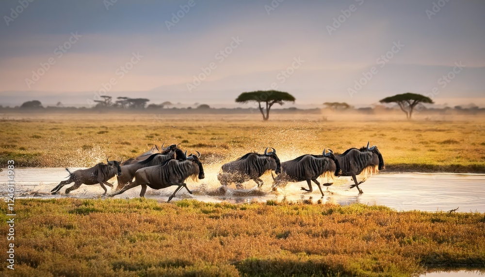 Obraz premium AweInspiring Wildebeest Crossing Amboseli Marshes at Dusk Majestic Grazers Silhouetted Against the Setting Suns Radiant Glow over Kenyas Serengeti Plains