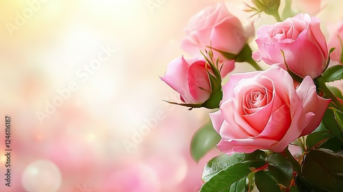A stunning pink rose bouquet in full bloom, with a blurred background and room for a seasonal or personal message.