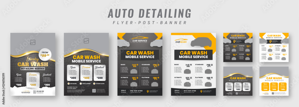 Car wash flyer and banner template bundle. Auto detailing service promotional web banner with pricing, packages, and modern layout. Social media post design.