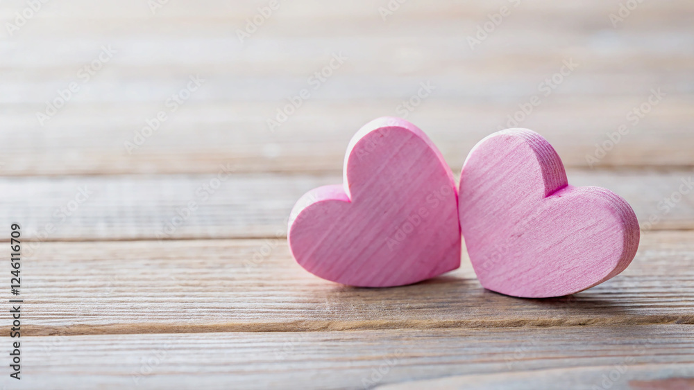 Two delicate pink wooden hearts on a rustic wooden surface. Two delicate pink wooden hearts on a rustic wooden surface.