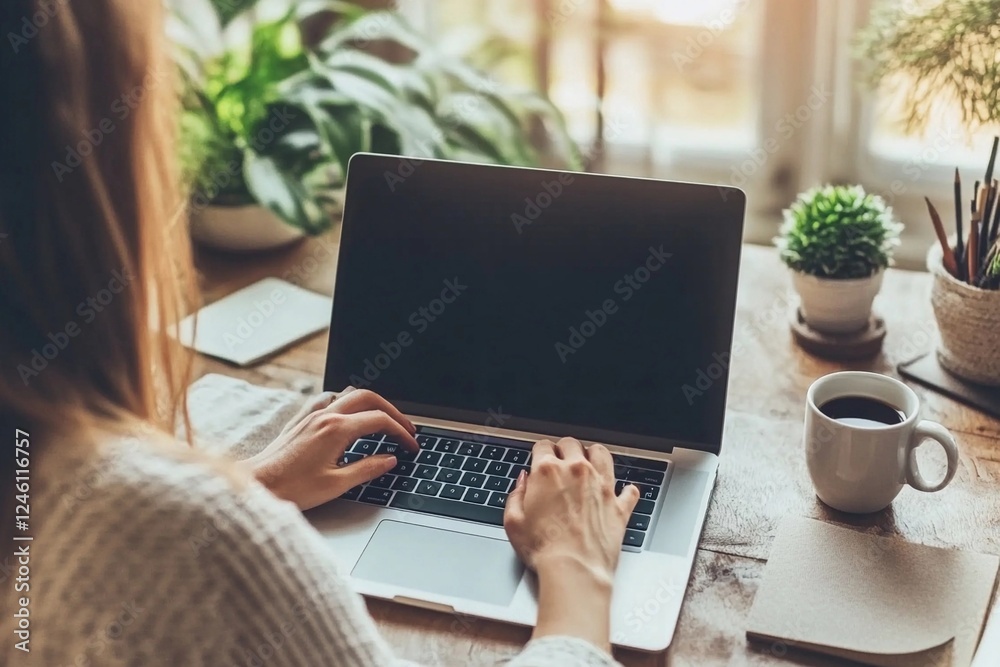 Fototapeta premium Woman sitting at a desk in her cozy home office