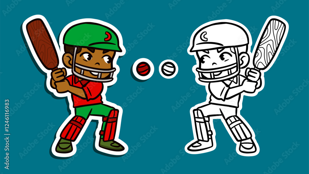 Cute Cartoon Sticker Illustration of a Cricket Player Cute Cartoon Sticker Illustration of a Cricket Player