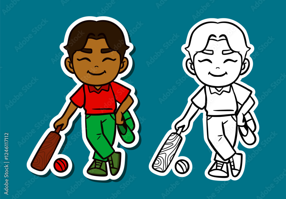 Cute Cartoon Sticker Illustration of a Cricket Player Cute Cartoon Sticker Illustration of a Cricket Player