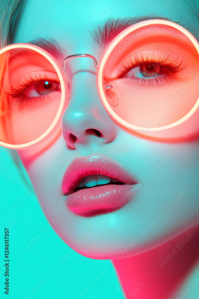 A mesmerizing close-up of a woman in round pink-tinted glasses, her face softly illuminated by A mesmerizing close-up of a woman in round pink-tinted glasses, her face softly illuminated by