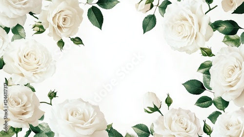 A symmetrical floral design featuring white roses, green leaves, and open spaces for branding or messaging.