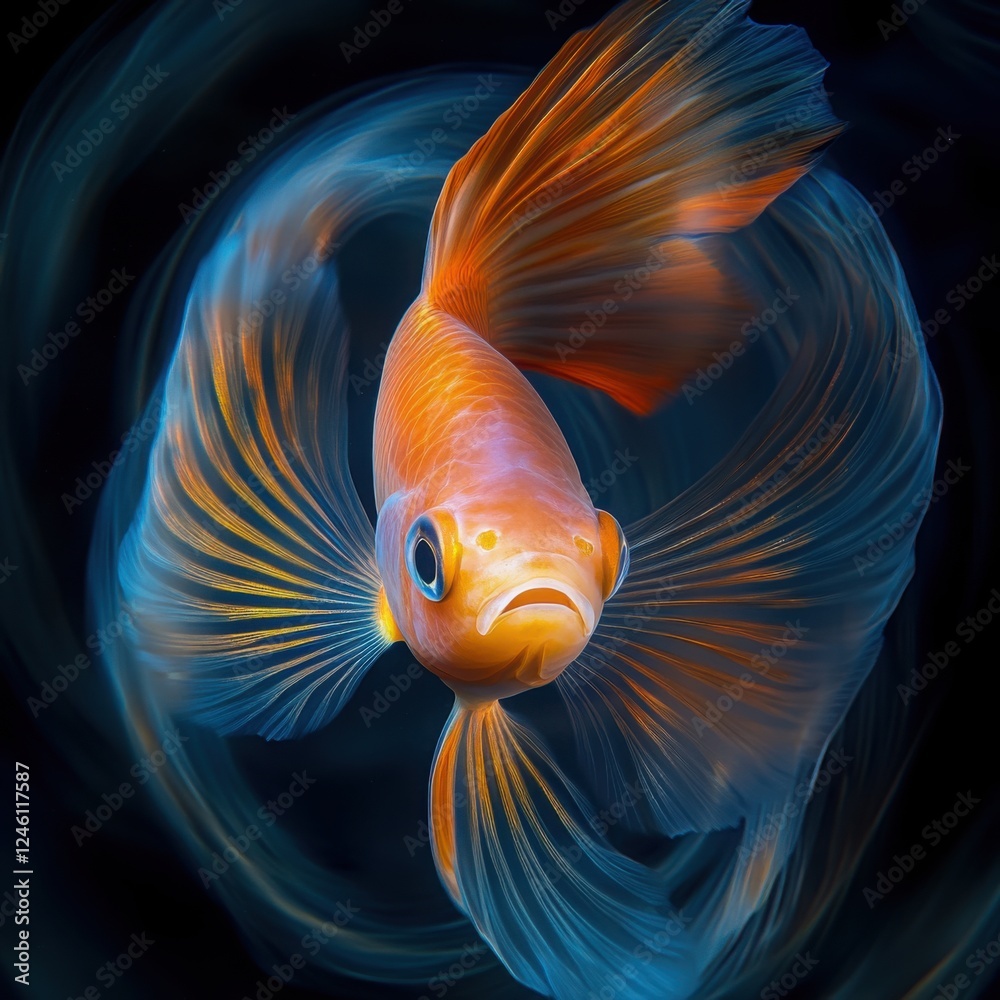 Fototapeta premium Vibrant Goldfish with Flowing Fins in Dark Water Background
