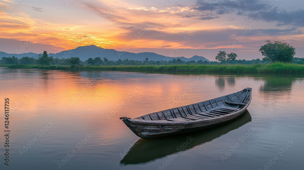 Lone Wooden Boat Drifting on Tranquil River at Sunset with Scenic Mountains in Background Lone Wooden Boat Drifting on Tranquil River at Sunset with Scenic Mountains in Background