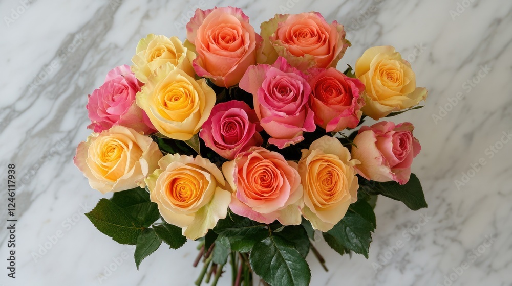 Fototapeta premium A top-down view of a rose bouquet with pastel blooms, elegantly arranged on a marble background.