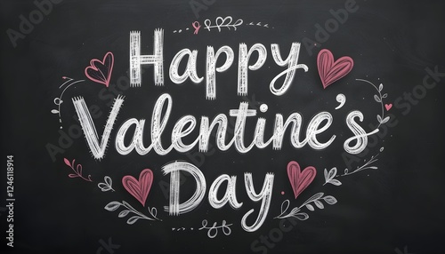 Happy Valentine's Day Handwritten with Hearts and Flowers for a Nostalgic Valentine's Greeting on a Chalkboard