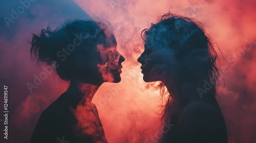 Two women stand facing each other, their silhouettes mingling with vibrant smoke that creates an ethereal atmosphere. The interplay of colors enhances the captivating scene