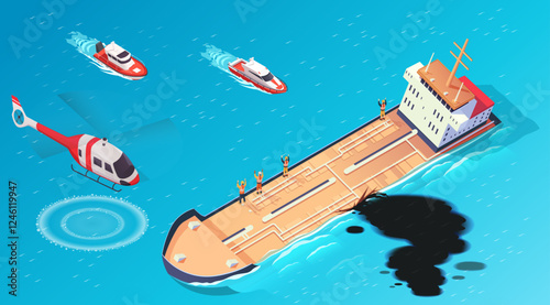 Oil tanker leaking oil at sea with a helicopter and speedboats rescuing crew members waving for help. Isometric style, environmental disaster concept. Vector illustration