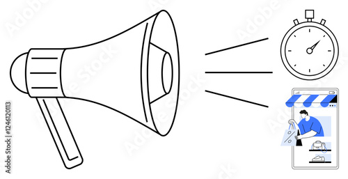 Megaphone emitting sound waves, stopwatch indicating urgency, person working on online storefront. Ideal for marketing, advertising, promotions, online shopping, time management, urgency