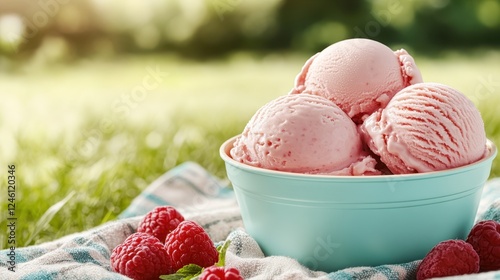 A vibrant bowl of raspberry ice cream sits on a picnic blanket, surrounded by fresh raspberries, emphasizing the joy of summertime treats and indulgence.