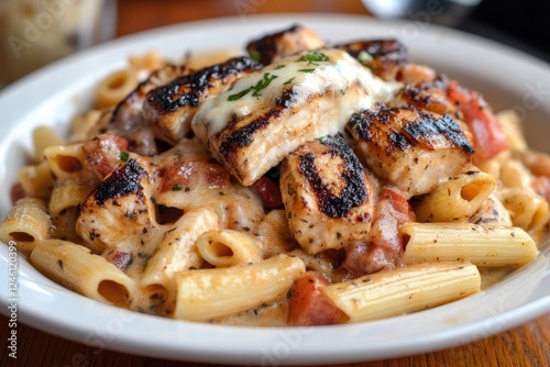 Grilled Chicken Penne Pasta Creamy Tomato Sauce Dish photo