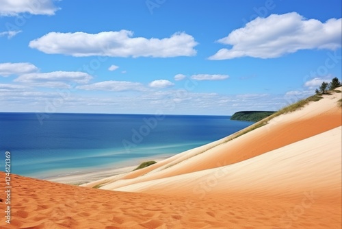 Sleeping Bear Dunes Overlook and Trail with High-Colour Contrast. Enjoying the Colorful View of Lake Michigan on a Sunny Day in Northern Michigan