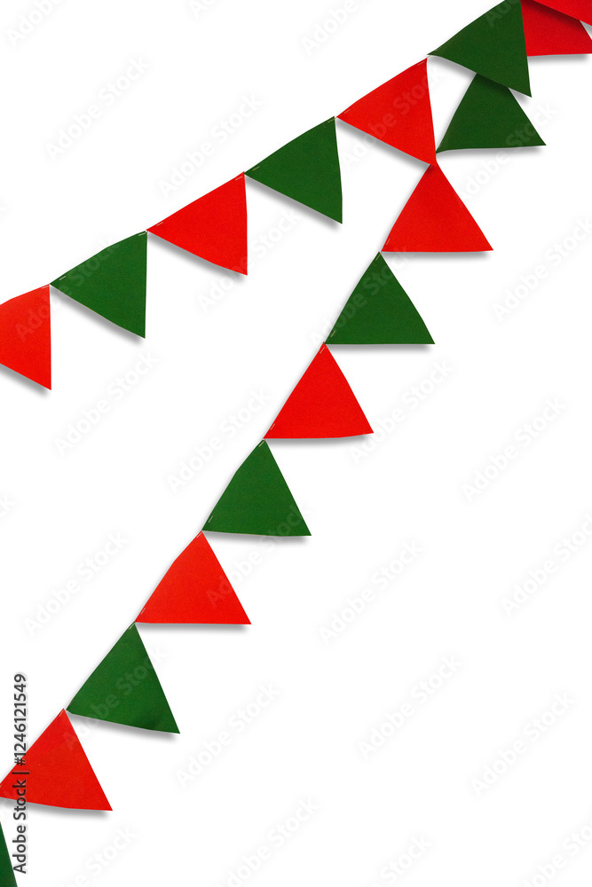 Colorful Triangular Flag Isolated On White Background, Carnival Garland With Flags, Festive background, Festival And Bright Decoration. Colorful Triangular Flag Isolated On White Background, Carnival Garland With Flags, Festive background, Festival And Bright Decoration.