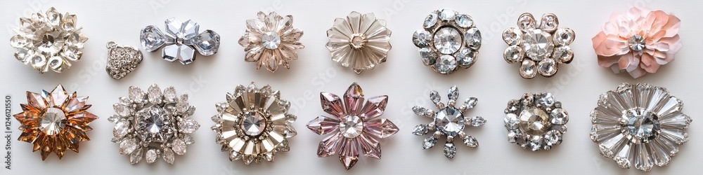 Fototapeta premium Rhinestone flower embellishments studio shot, craft background, sewing supplies