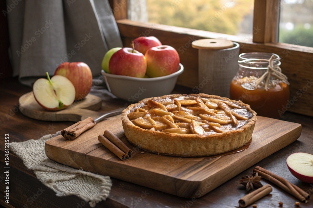 Rustic autumn apple pie with fresh apples and cinnamon sticks Rustic autumn apple pie with fresh apples and cinnamon sticks