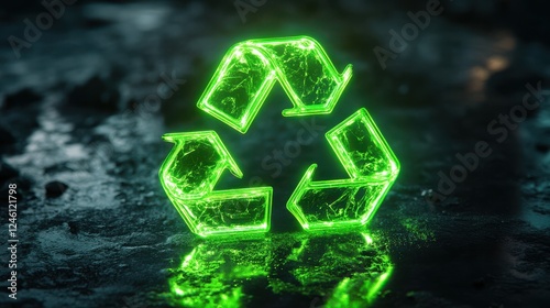 Digital illustration of a green recycle symbol with glowing neon effect on a dark background, symbolizing recycling in urban environments.