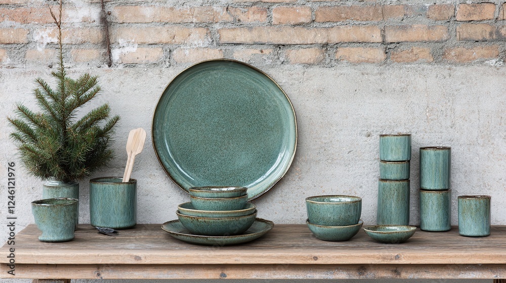Rustic teal pottery collection displayed on wooden table against brick wall Rustic teal pottery collection displayed on wooden table against brick wall