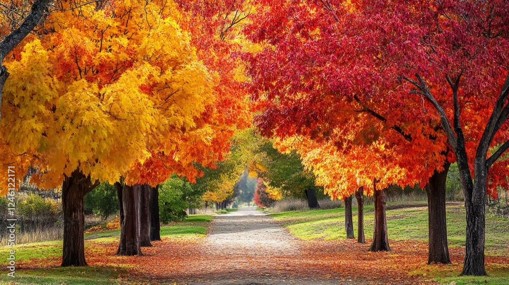 Naklejka premium Autumnal Path Through Colorful Trees
