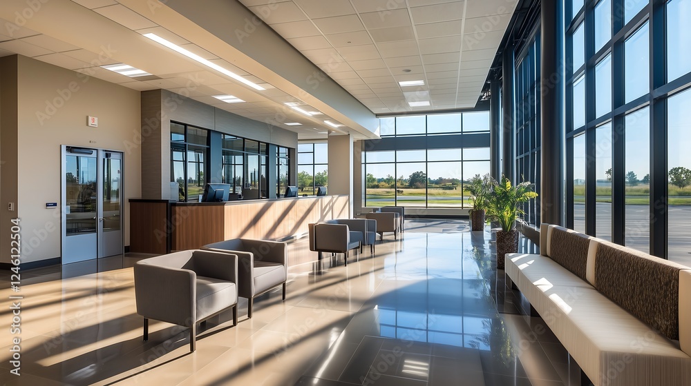 Modern and spacious reception area with large windows and elegant seating arrangement. Modern and spacious reception area with large windows and elegant seating arrangement.