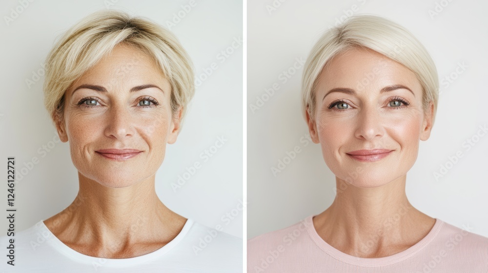 A side-by-side comparison of a woman's face before and after make up