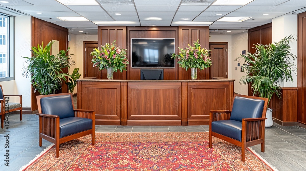 Fototapeta premium Modern office reception area with wood furniture, floral arrangements, and city view