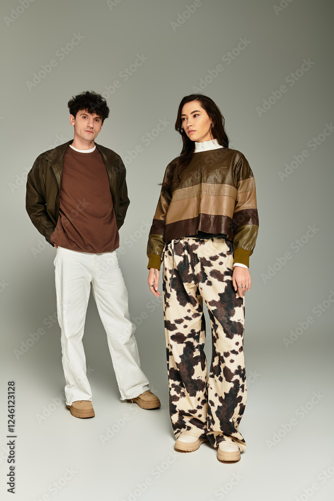 Stylish youth showcase modern fashion in a minimalist studio setting Stylish youth showcase modern fashion in a minimalist studio setting