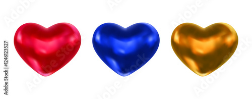 Set of realistic 3d heart. Red, blue and gold color. Vector illustration for romantic greeting card, invitation, design, banner, flyer, poster, decoration