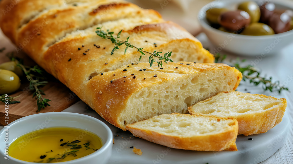 Delicious crusty bread, sliced and served with olive oil and herbs. Perfect for a rustic Mediterranean-inspired meal. Delicious crusty bread, sliced and served with olive oil and herbs. Perfect for a rustic Mediterranean-inspired meal.