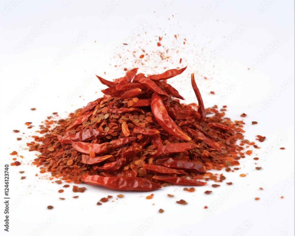 Fototapeta premium Spicy Chili Flakes Bursting from Red Pepper with White Background. Perfect as a Spice or Ingredient for Your Next Dish