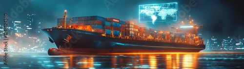 A cargo ship with a holographic digital map hovering over, showcasing AIdriven global supply chain management, futuristic tech elements, hyperdetailed 8K cinematic visuals photo