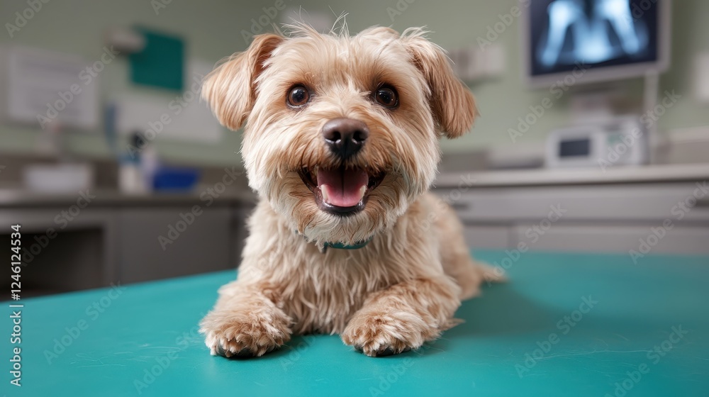 This cheerful dog is lying comfortably in a veterinary clinic, showcasing a healthy and well-cared-for pet, embodying happiness and trust in care. This cheerful dog is lying comfortably in a veterinary clinic, showcasing a healthy and well-cared-for pet, embodying happiness and trust in care.