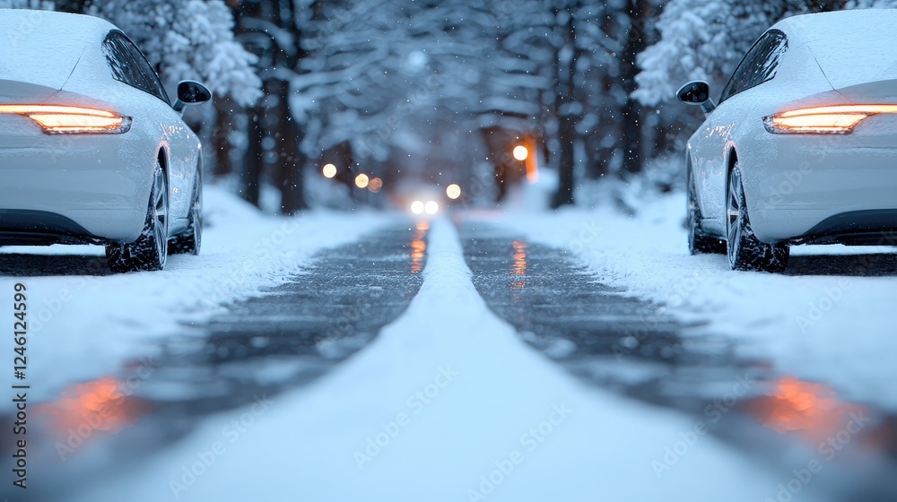 Snowy road, parked cars, winter evening, blurred lights Snowy road, parked cars, winter evening, blurred lights