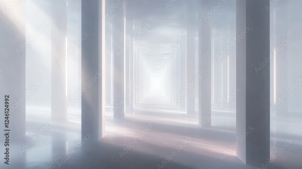Mysterious corridor filled with soft light and white pillars creating a surreal atmosphere in an expansive space Mysterious corridor filled with soft light and white pillars creating a surreal atmosphere in an expansive space