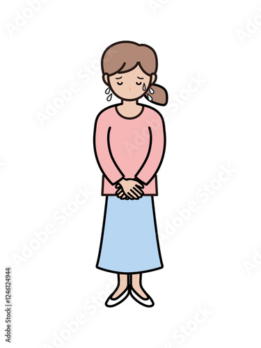 大汗をかいて謝罪する若い女性の全身イラスト