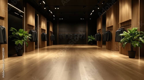 An elegant boutique featuring a minimalist design with wooden interiors and stylish apparel displayed  highlighting the sophistication and modern fashion trends in retail.