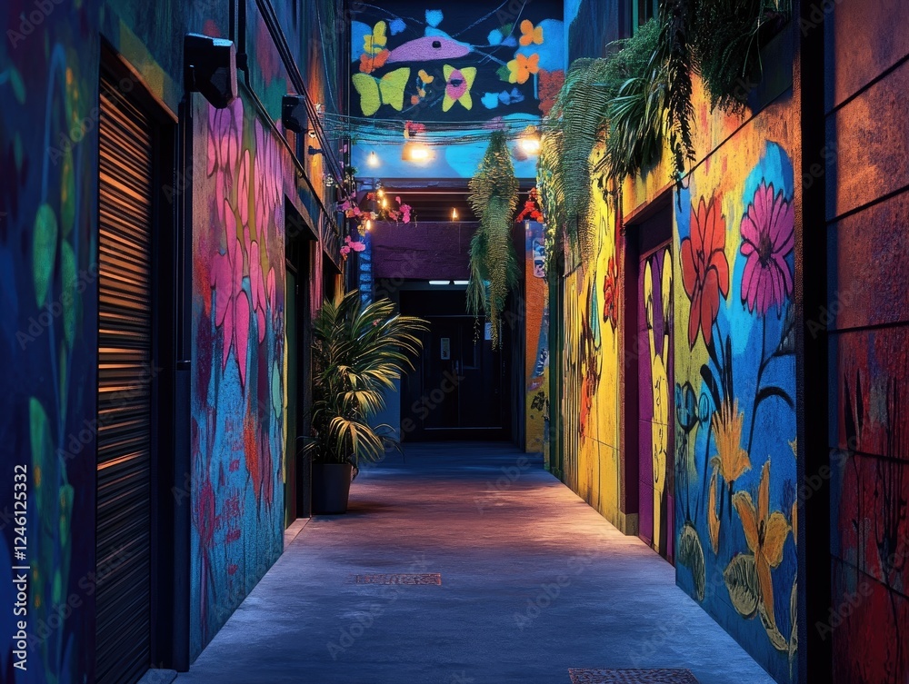 Fototapeta premium Vibrant urban alleyway illuminated with colorful graffiti and string lights at night