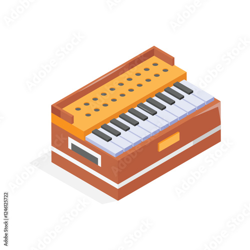 This vibrant isometric icon showcases a traditional Indian harmonium