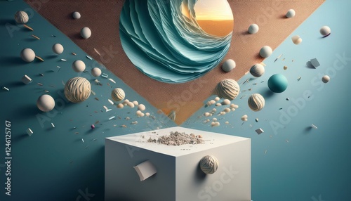 metamodernism- Futuristic Digital Landscape with Floating Elements photo